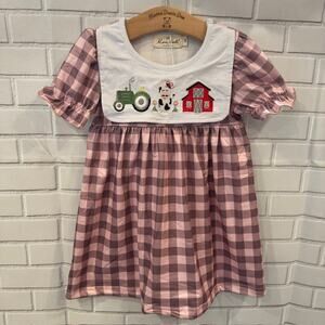 Boutique Marie Nicole Girls 5T (XL) Pink Plaid Farm Cow Tractor Dress